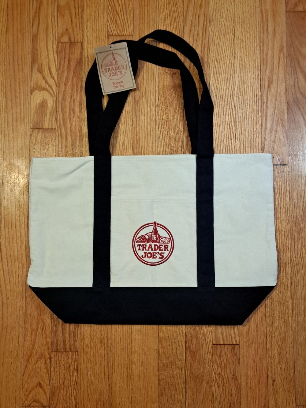 Trader Joe's Cream and Black Canvas Tote Large Size